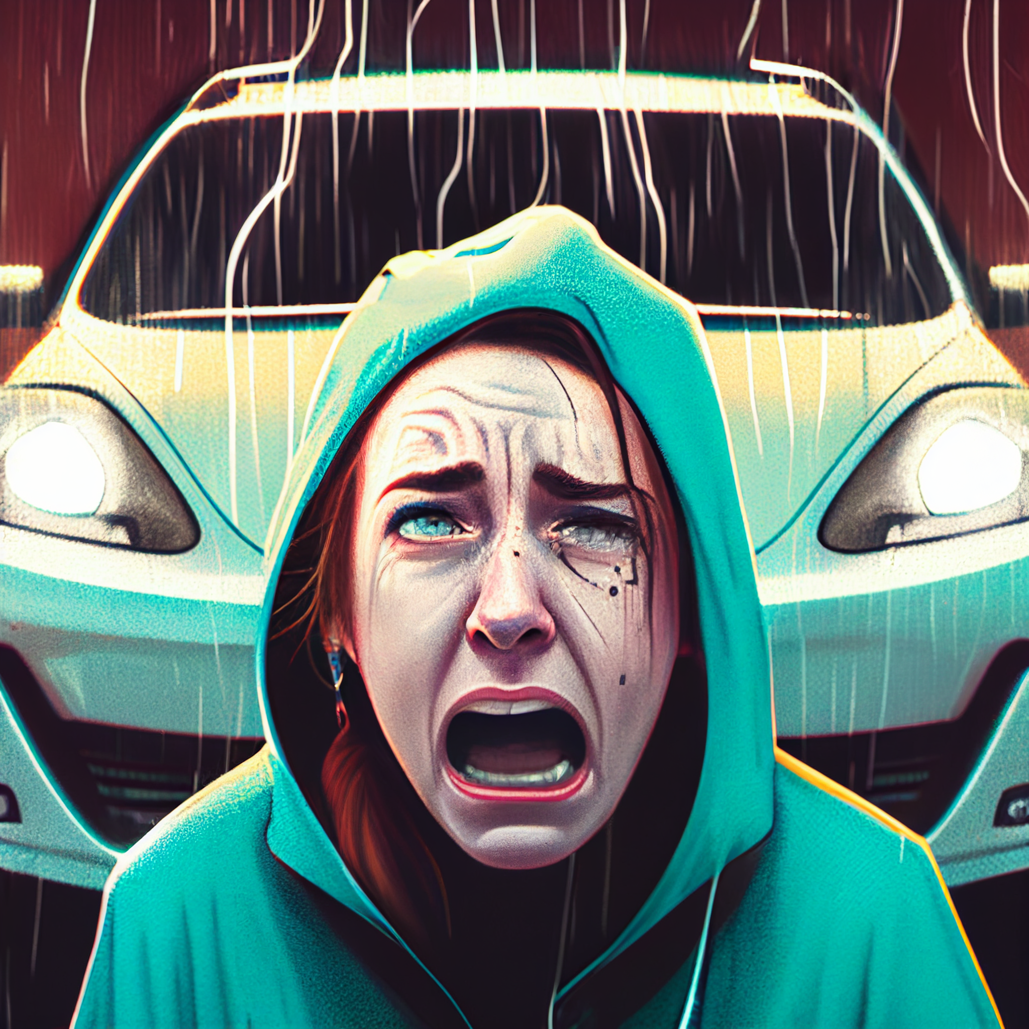 Kobieta płacząca w deszczu przed samochodem